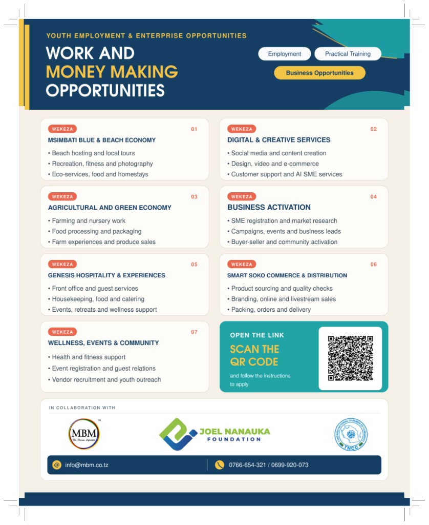 Youth Employment and Enterprise Opportunities: work and money making opportunities across beach economy, digital services, agriculture, hospitality, commerce, and community. Scan the QR code or apply below.